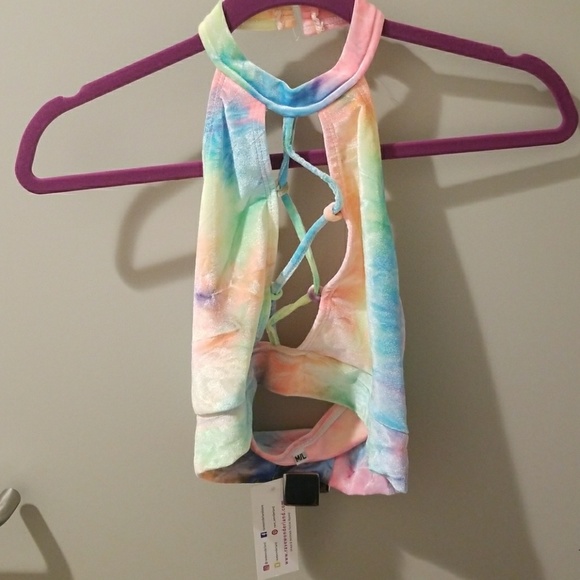 Bright rainbow rave halter crop top - Picture 3 of 4